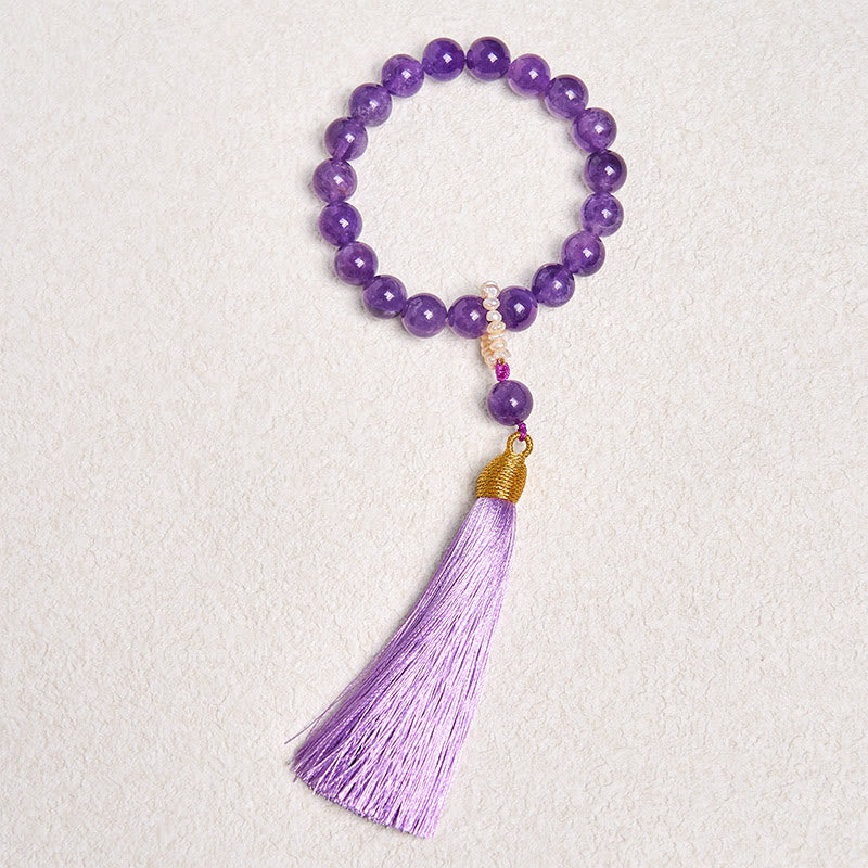 Natural Amethyst and Pearl Beaded Meditation Bracelet with Tassels