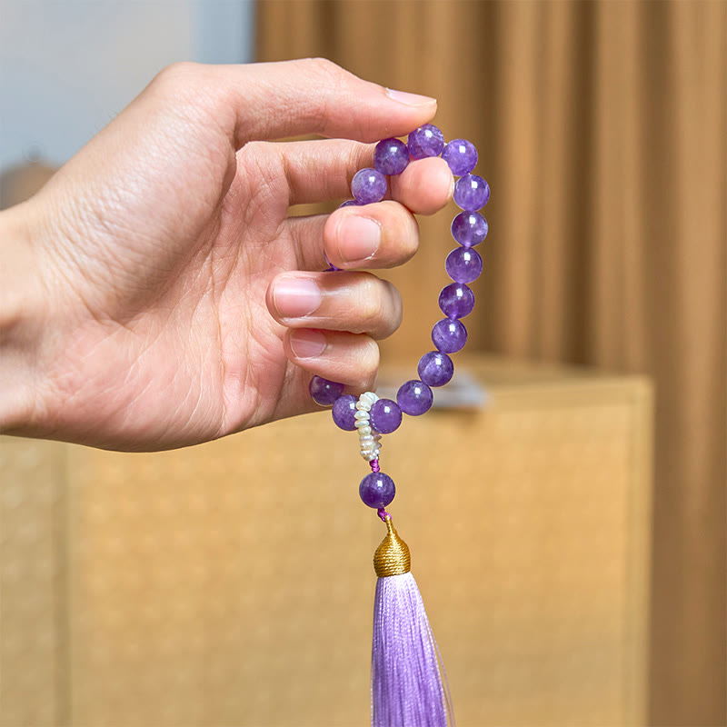 Natural Amethyst and Pearl Beaded Meditation Bracelet with Tassels
