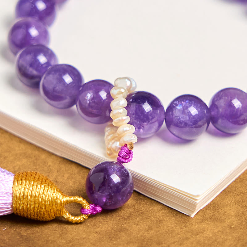 Natural Amethyst and Pearl Beaded Meditation Bracelet with Tassels