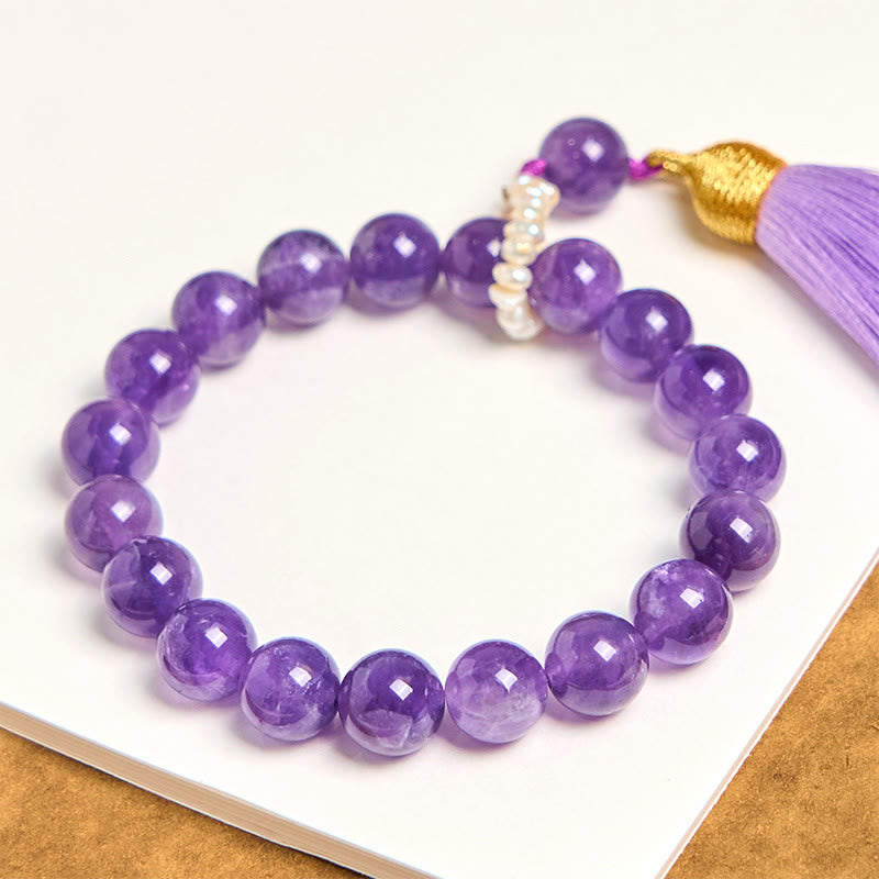 Natural Amethyst and Pearl Beaded Meditation Bracelet with Tassels