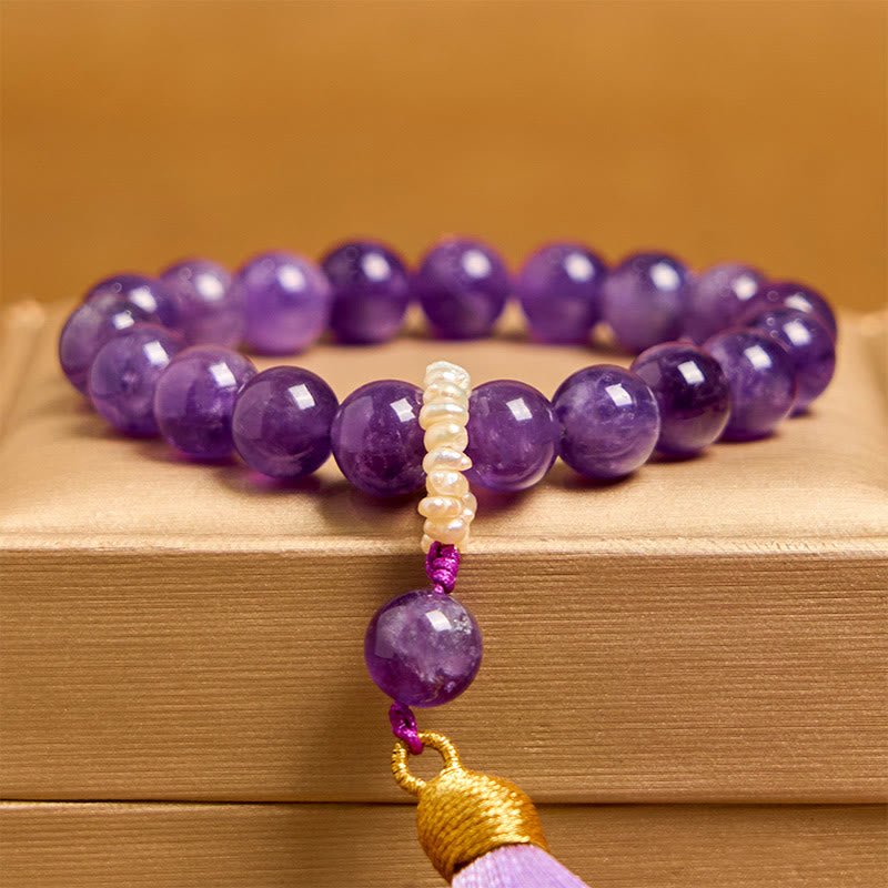 Natural Amethyst and Pearl Beaded Meditation Bracelet with Tassels