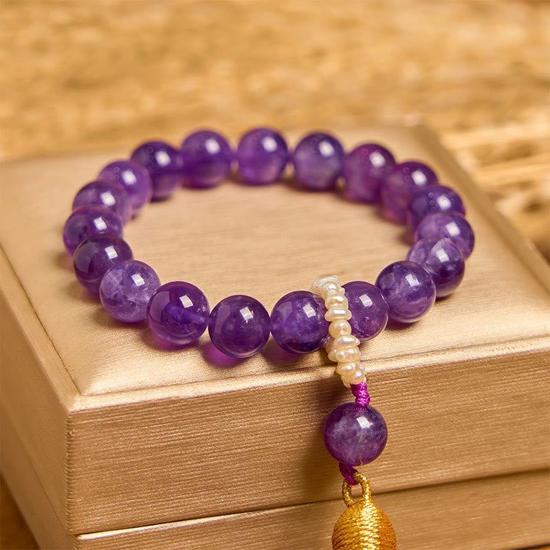 Natural Amethyst and Pearl Beaded Meditation Bracelet with Tassels