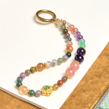 Natural Tourmaline, Strawberry Quartz & Amethyst Gemstone Phone Charm Keychain