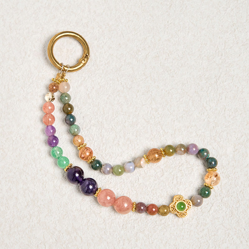 Natural Tourmaline, Strawberry Quartz & Amethyst Gemstone Phone Charm Keychain