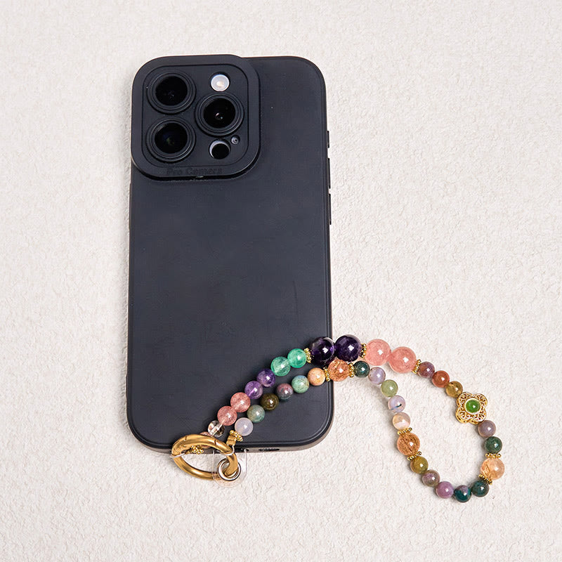 Natural Tourmaline, Strawberry Quartz & Amethyst Gemstone Phone Charm Keychain