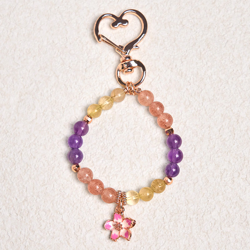 Natural Citrine Strawberry Quartz Amethyst Copper Flower Charm Artisan Keychain