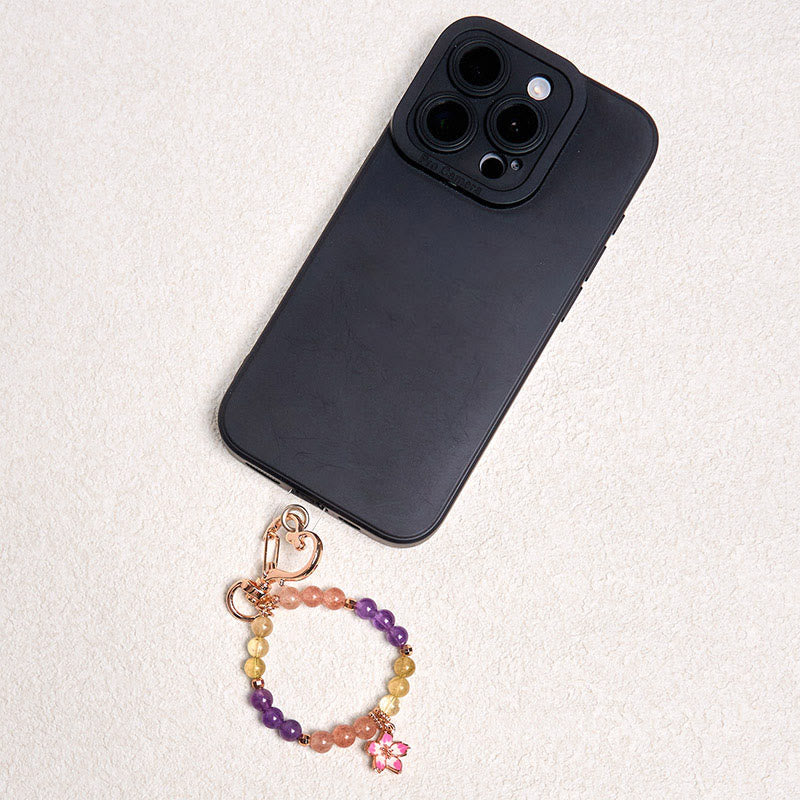 Natural Citrine Strawberry Quartz Amethyst Copper Flower Charm Artisan Keychain