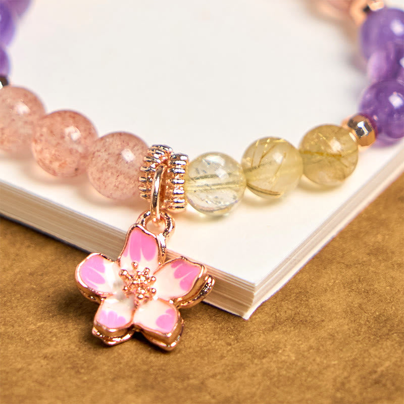 Natural Citrine Strawberry Quartz Amethyst Copper Flower Charm Artisan Keychain
