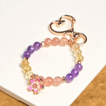 Natural Citrine Strawberry Quartz Amethyst Copper Flower Charm Artisan Keychain