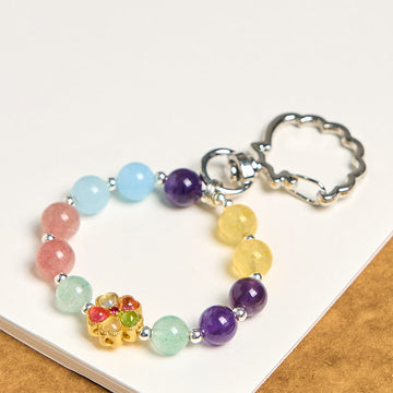 Natural Flower Mixed Crystal Keychain with Aquamarine & Copper