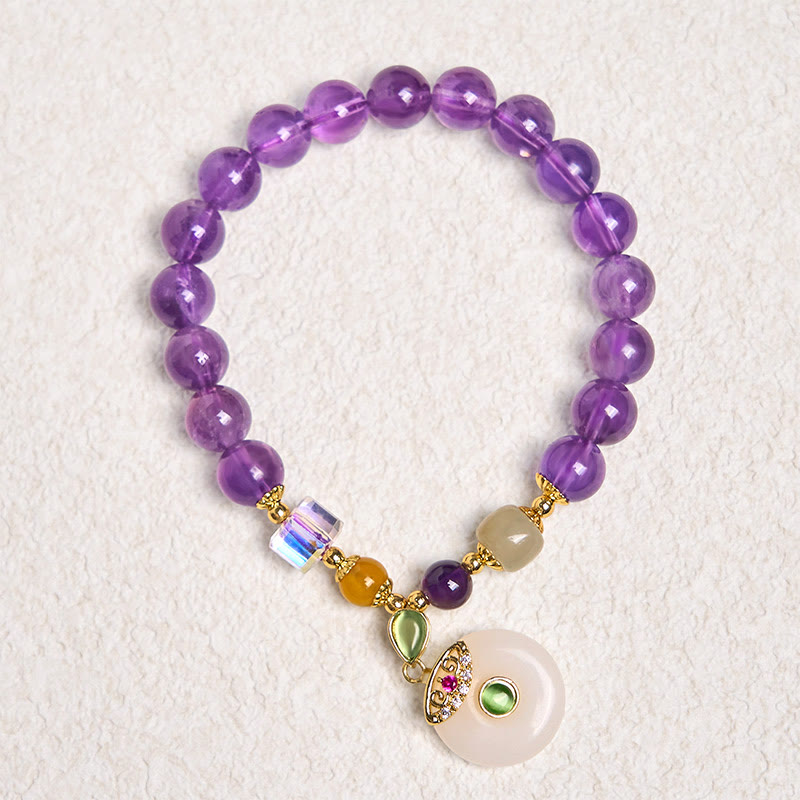Handmade Amethyst and Clear Quartz Beaded Ping An Kou Charm Bracelet