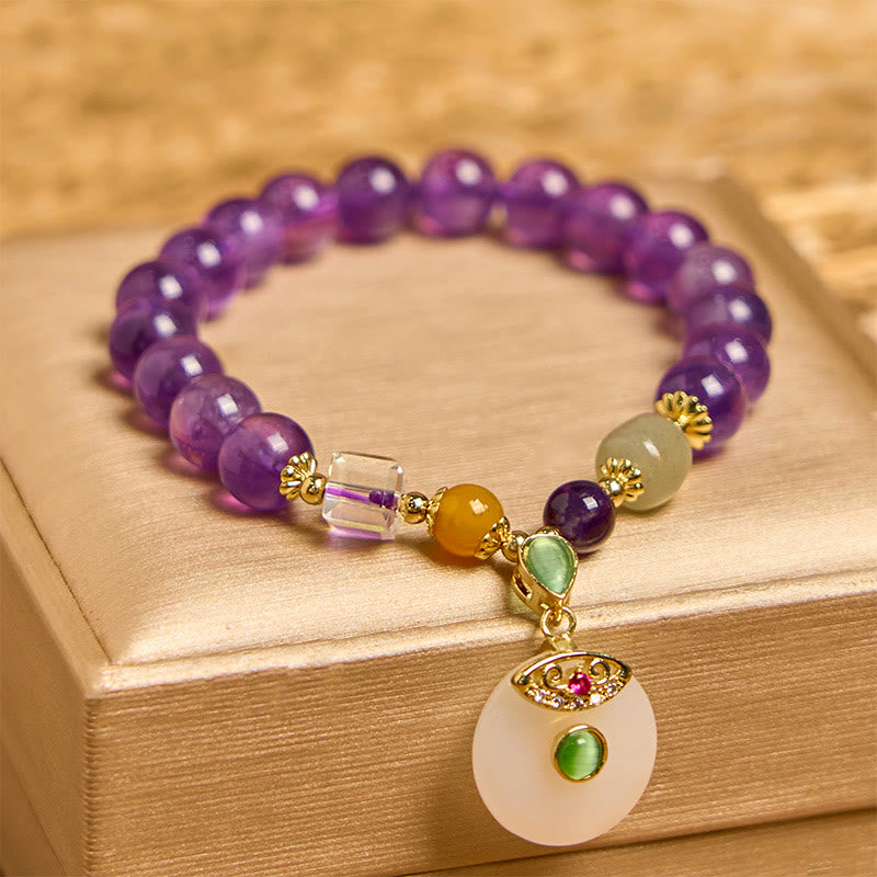 Handmade Amethyst and Clear Quartz Beaded Ping An Kou Charm Bracelet