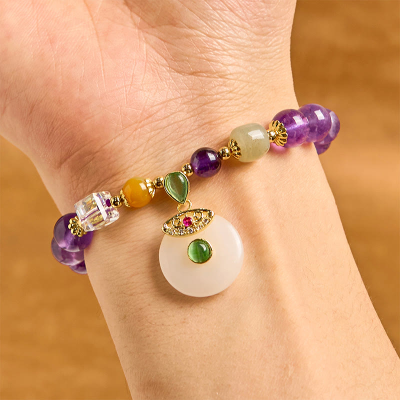 Handmade Amethyst and Clear Quartz Beaded Ping An Kou Charm Bracelet