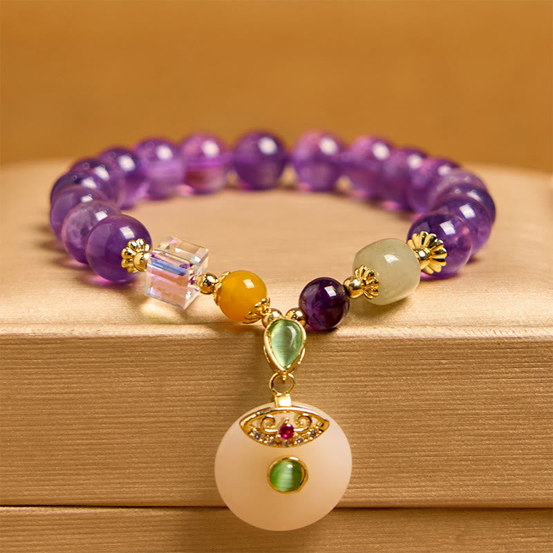 Handmade Amethyst and Clear Quartz Beaded Ping An Kou Charm Bracelet