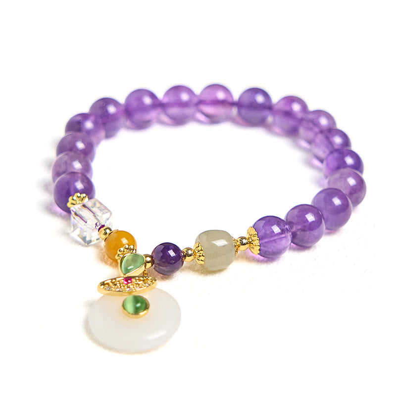 Handmade Amethyst and Clear Quartz Beaded Ping An Kou Charm Bracelet