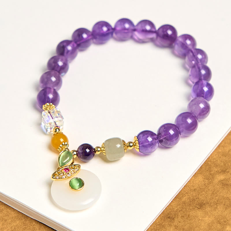 Handmade Amethyst and Clear Quartz Beaded Ping An Kou Charm Bracelet