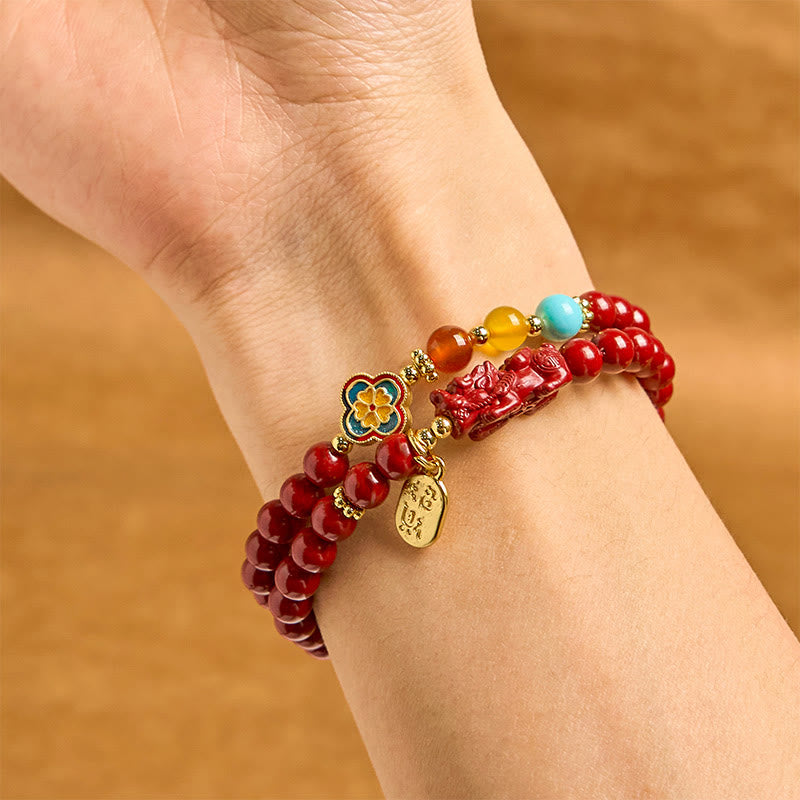 Cinnabar PiXiu Fu Character Blessing Double Wrap Bracelet