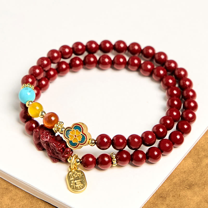 Cinnabar PiXiu Fu Character Blessing Double Wrap Bracelet