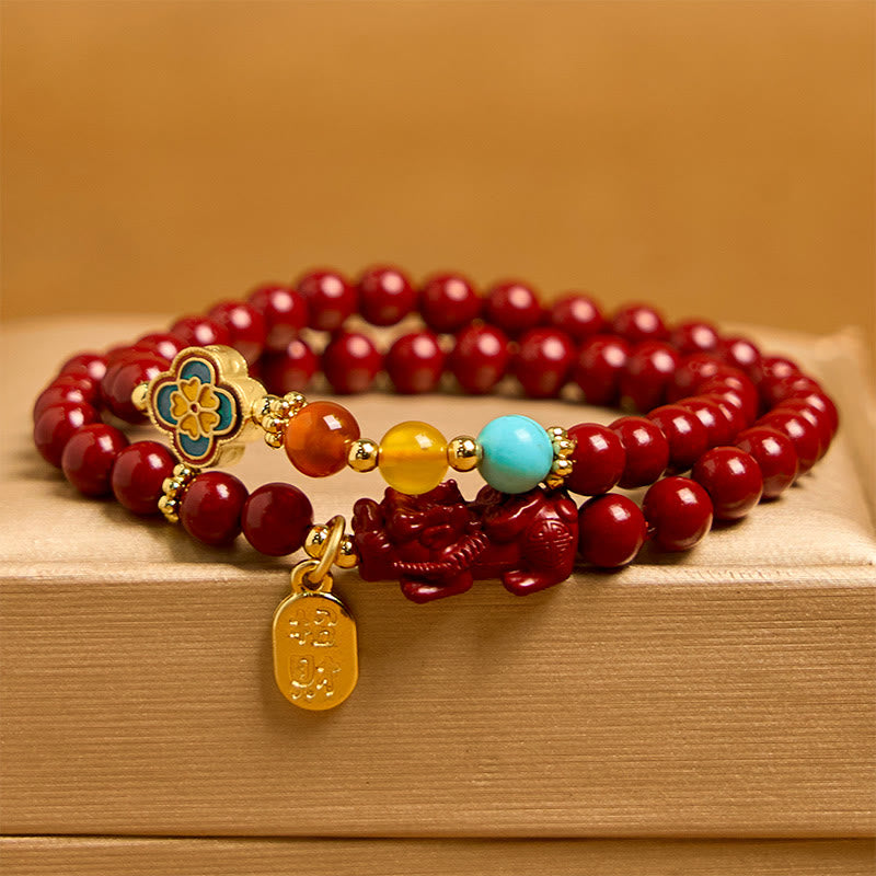Cinnabar PiXiu Fu Character Blessing Double Wrap Bracelet