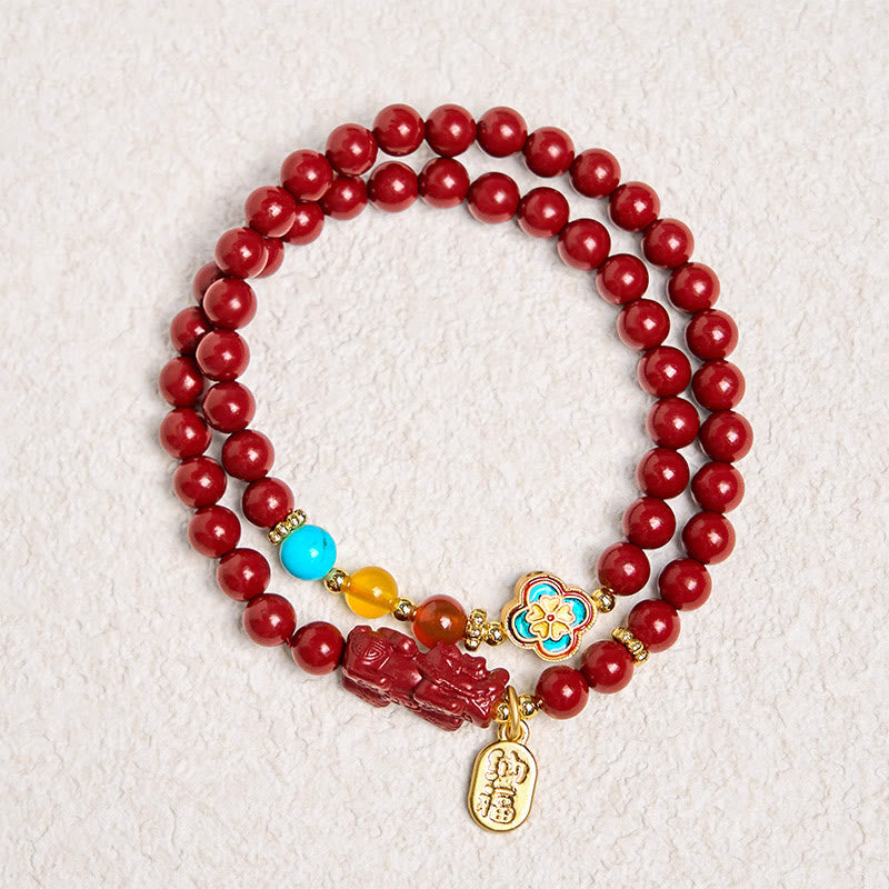 Cinnabar PiXiu Fu Character Blessing Double Wrap Bracelet