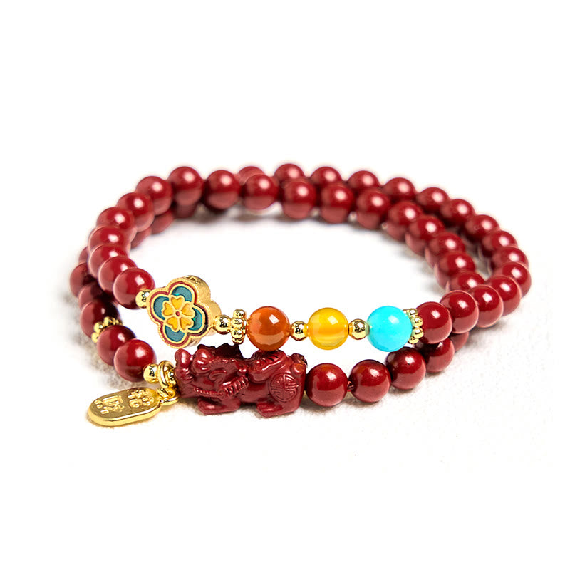Cinnabar PiXiu Fu Character Blessing Double Wrap Bracelet