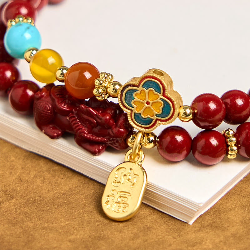 Cinnabar PiXiu Fu Character Blessing Double Wrap Bracelet