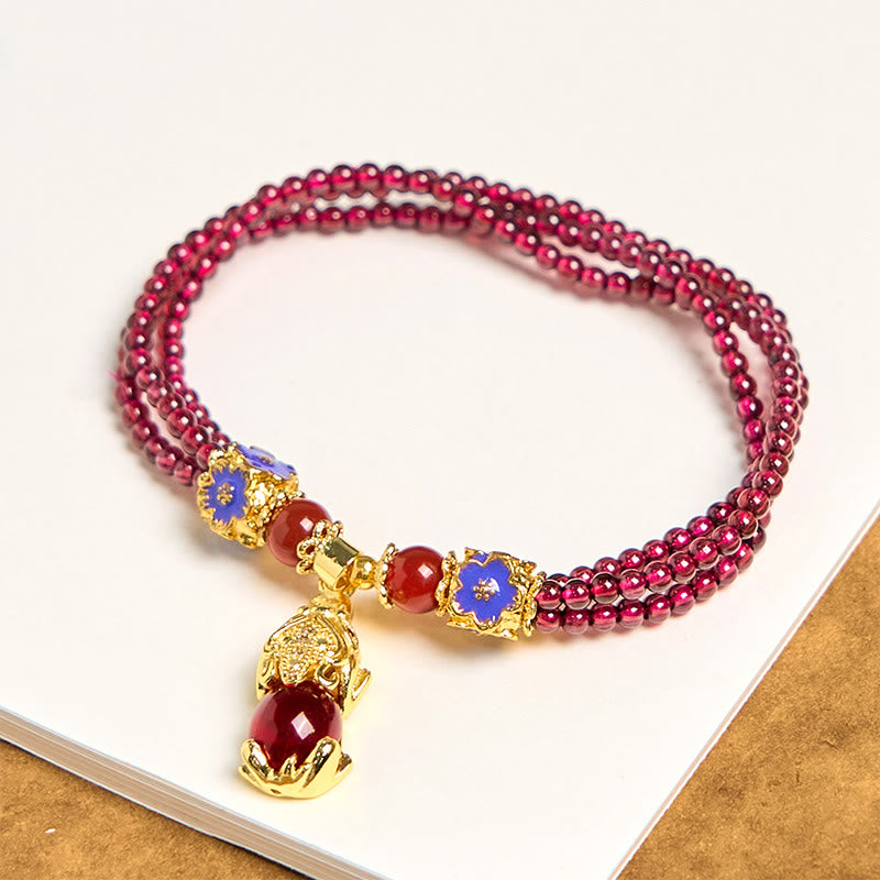 Natural 3mm Garnet Beads PiXiu Flower Purification Multilayer Bracelet