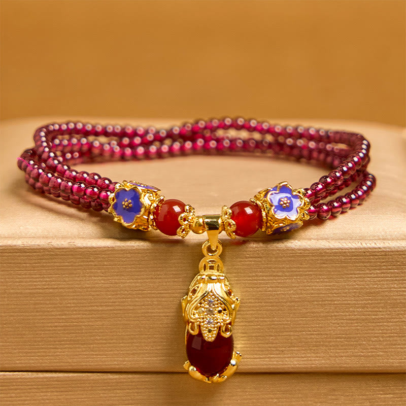 Natural 3mm Garnet Beads PiXiu Flower Purification Multilayer Bracelet