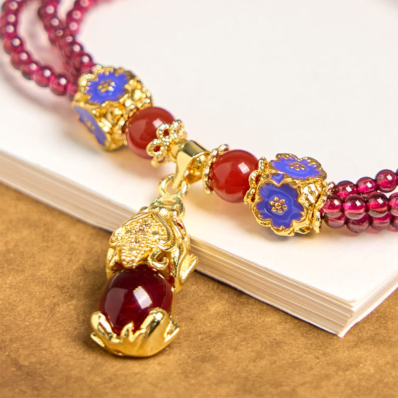 Natural 3mm Garnet Beads PiXiu Flower Purification Multilayer Bracelet
