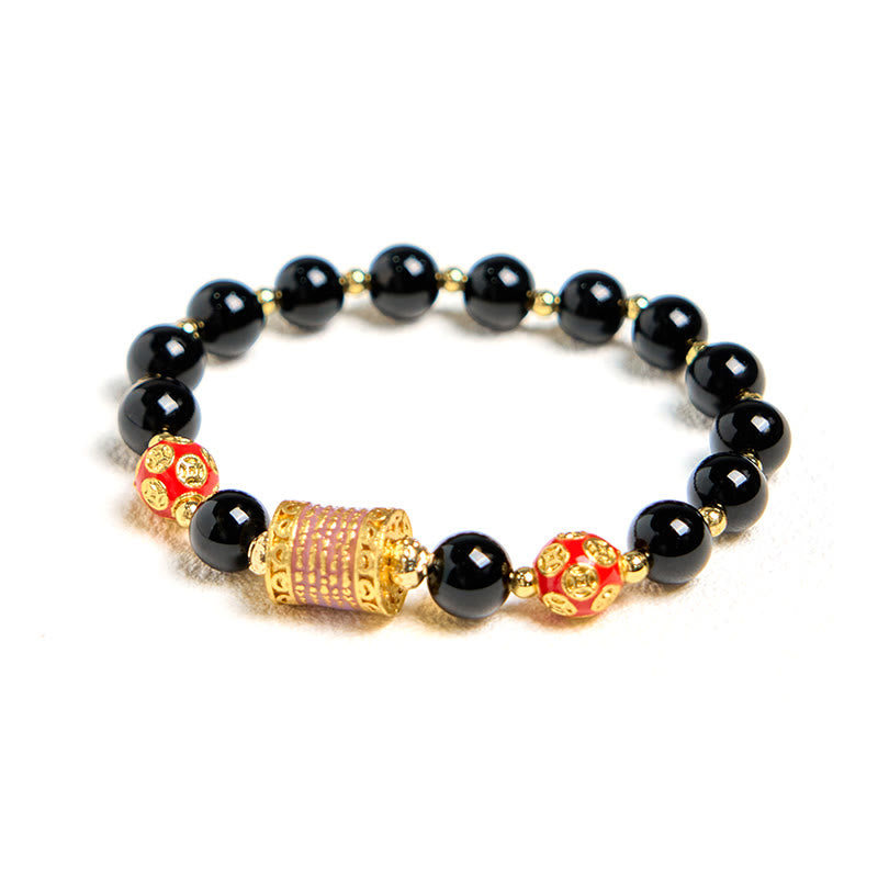Natural Black Onyx Beaded Bracelet with Five Copper Chinese Coins