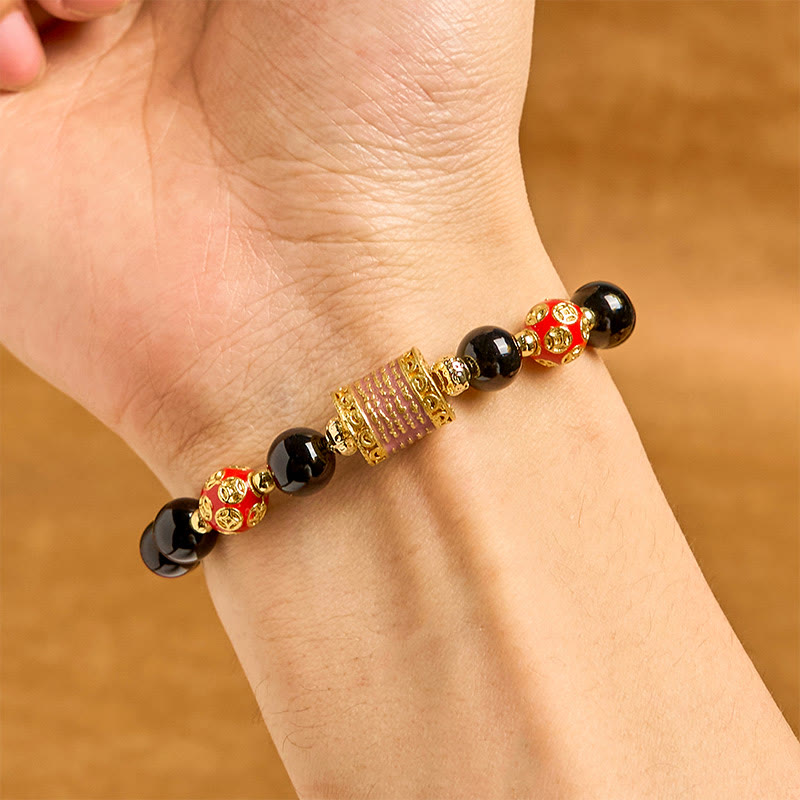Natural Black Onyx Beaded Bracelet with Five Copper Chinese Coins
