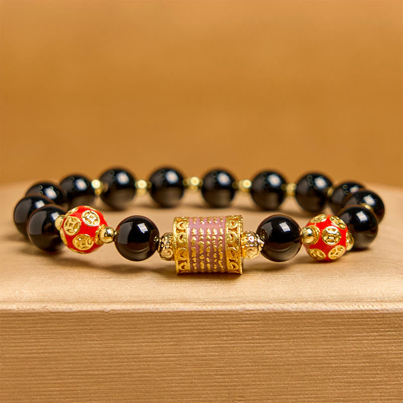Natural Black Onyx Beaded Bracelet with Five Copper Chinese Coins