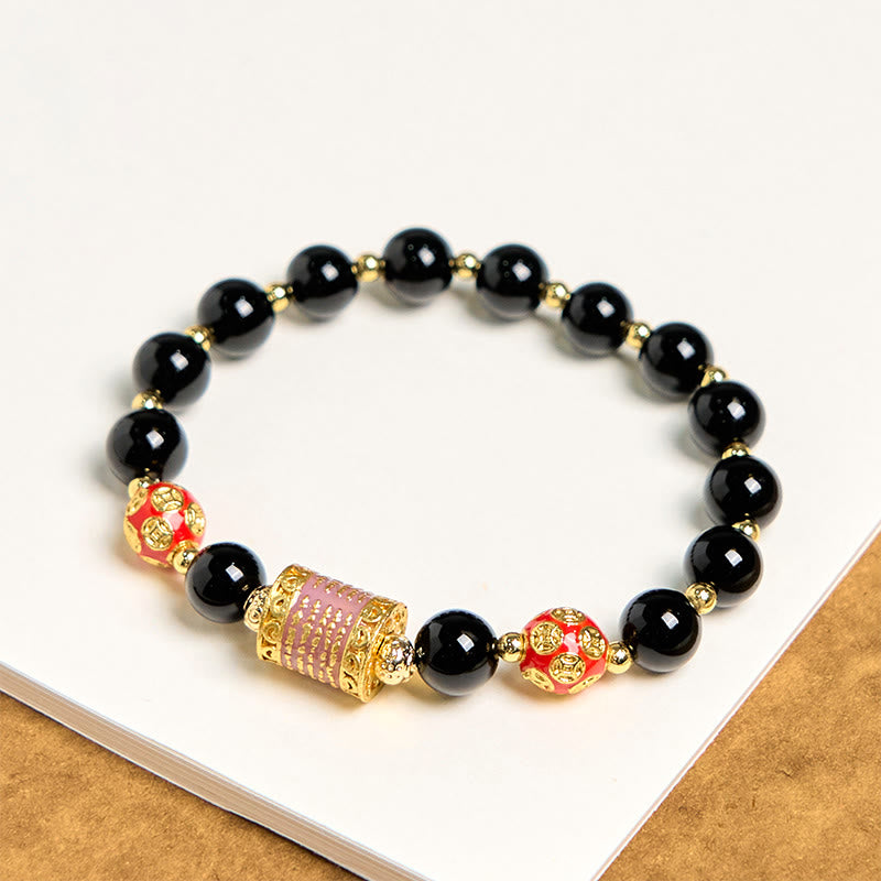 Natural Black Onyx Beaded Bracelet with Five Copper Chinese Coins