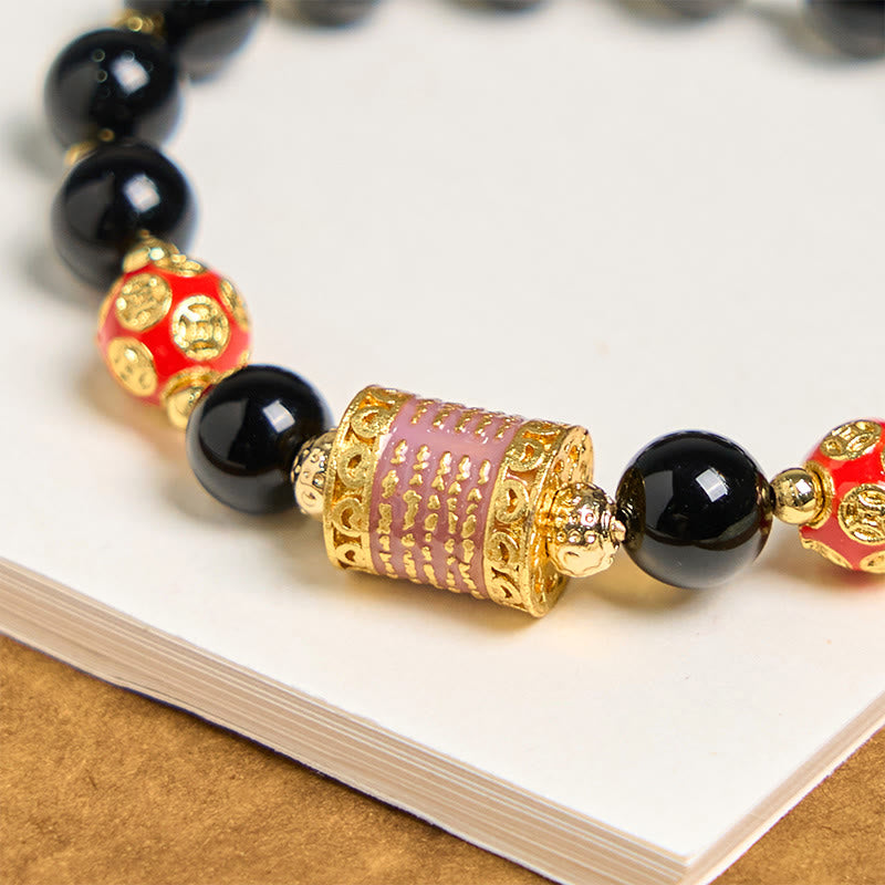 Natural Black Onyx Beaded Bracelet with Five Copper Chinese Coins