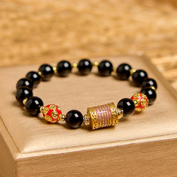 Natural Black Onyx Beaded Bracelet with Five Copper Chinese Coins