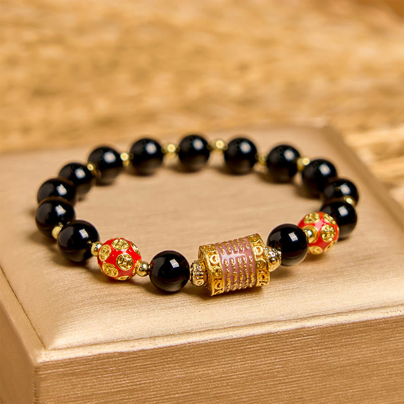 Natural Black Onyx Beaded Bracelet with Five Copper Chinese Coins