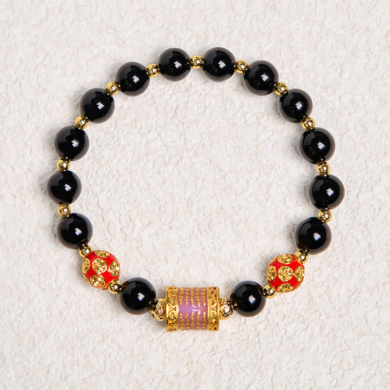 Natural Black Onyx Beaded Bracelet with Five Copper Chinese Coins