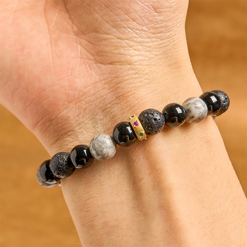 Grounding Lava Stone, Picasso Jasper and Black Onyx Beaded Energy Bracelet