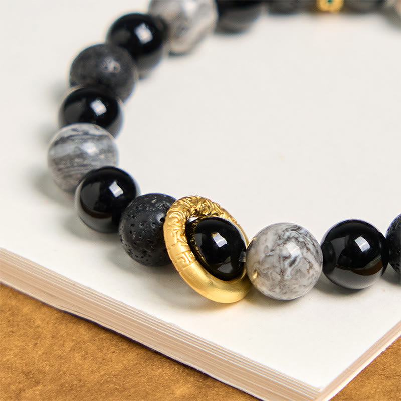 Grounding Lava Stone, Picasso Jasper and Black Onyx Beaded Energy Bracelet