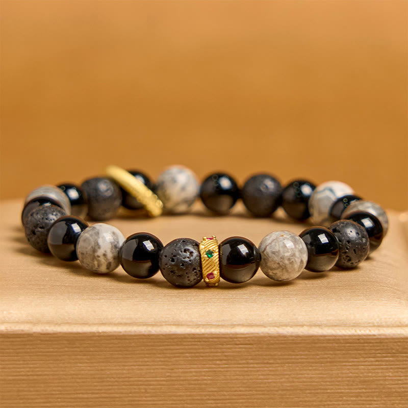 Grounding Lava Stone, Picasso Jasper and Black Onyx Beaded Energy Bracelet
