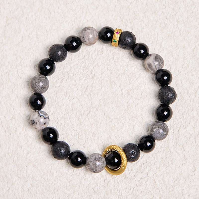 Grounding Lava Stone, Picasso Jasper and Black Onyx Beaded Energy Bracelet