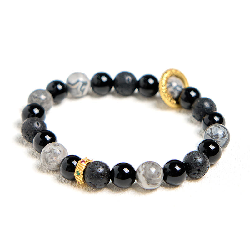 Grounding Lava Stone, Picasso Jasper and Black Onyx Beaded Energy Bracelet