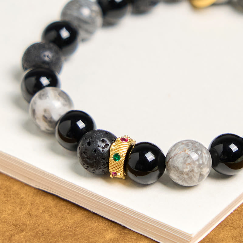 Grounding Lava Stone, Picasso Jasper and Black Onyx Beaded Energy Bracelet
