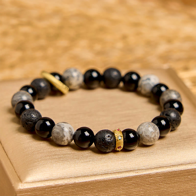 Grounding Lava Stone, Picasso Jasper and Black Onyx Beaded Energy Bracelet