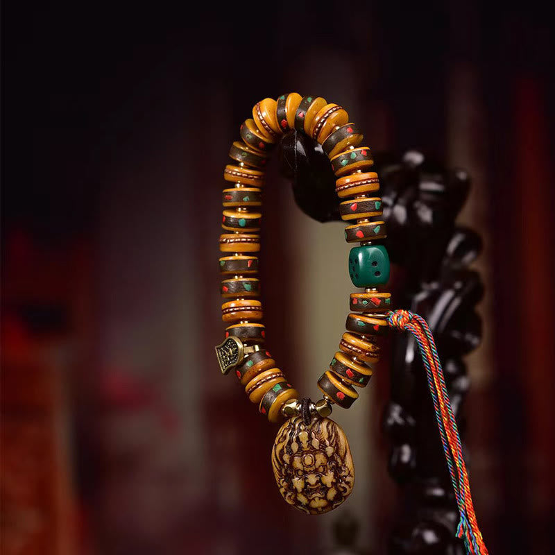 Handmade Tibetan Camel Bone and Copper Dice Tassel Bracelet