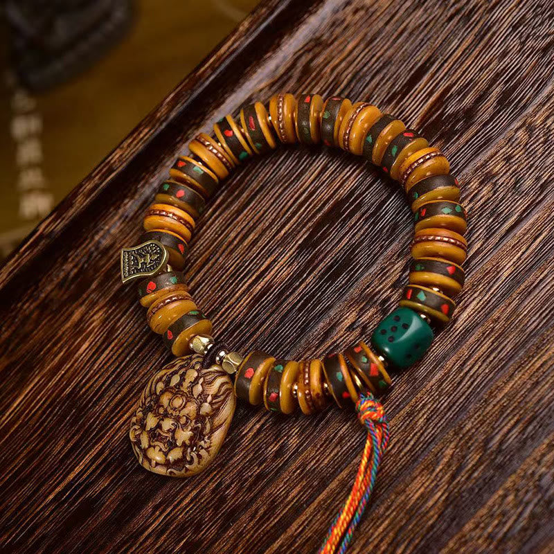 Handmade Tibetan Camel Bone and Copper Dice Tassel Bracelet