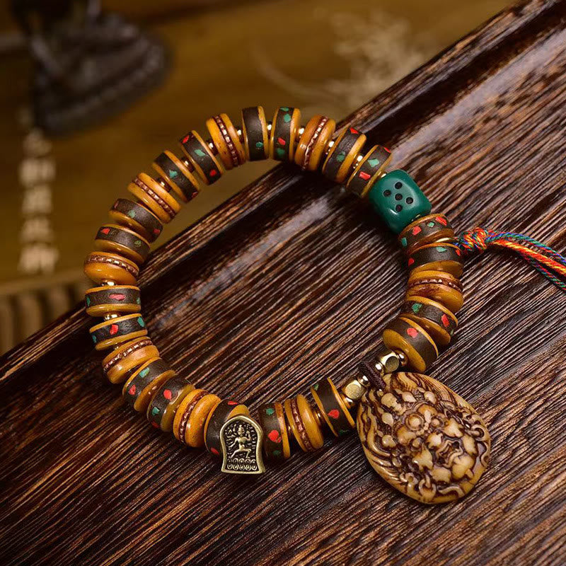 Handmade Tibetan Camel Bone and Copper Dice Tassel Bracelet