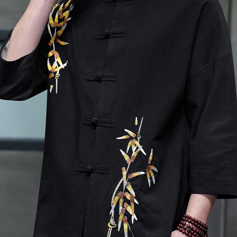 Embroidery Men's Chinese Frog-Button Three Quarter Sleeve Shirt Clothing