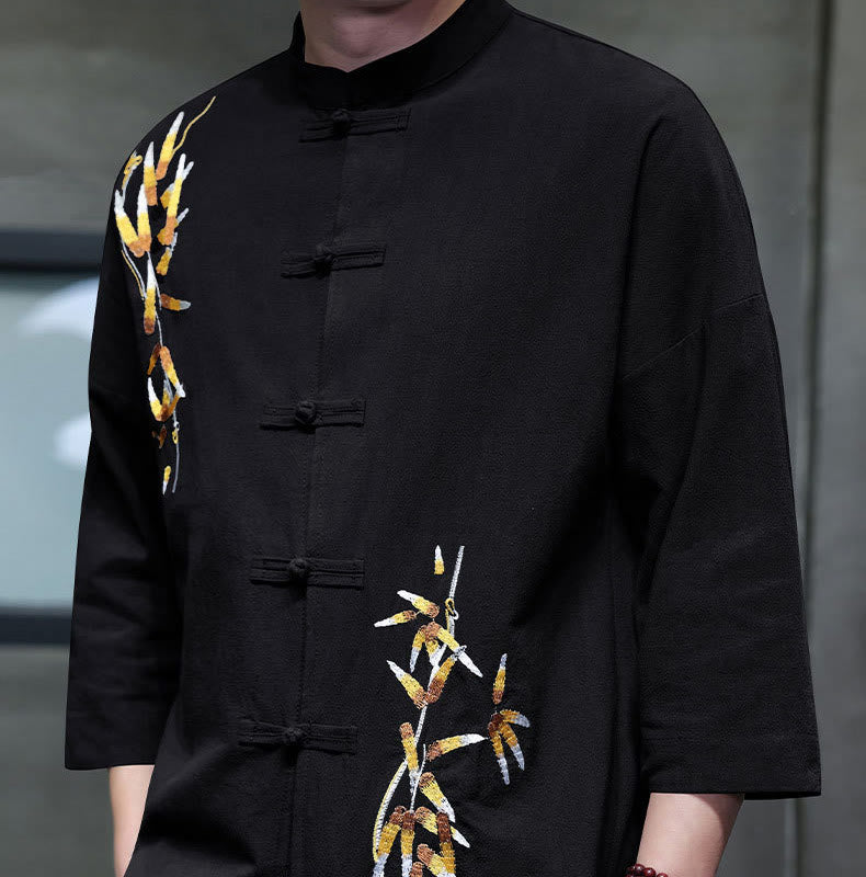 Embroidery Men's Chinese Frog-Button Three Quarter Sleeve Shirt Clothing