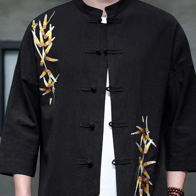 Embroidery Men's Chinese Frog-Button Three Quarter Sleeve Shirt Clothing